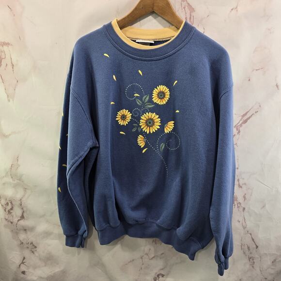 Vintage Tops - Vintage Sweatshirt Womens XL Blue Sunflower Granny 90s Pullover Crewneck Flower
